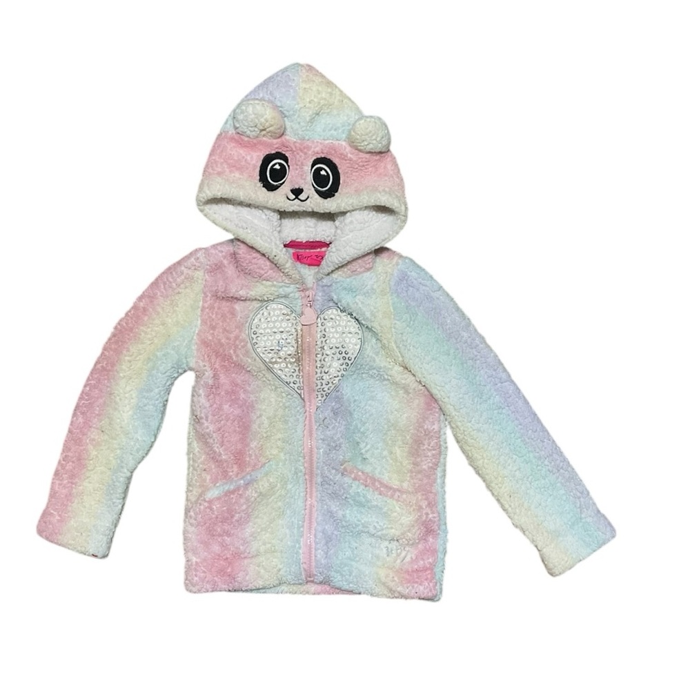 🌈‎ Betsey Johnson Girls 4T Rainbow Sherpa Panda Hoodie | Fuzzy Zip-Up Jacket